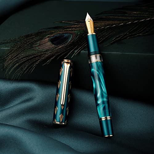 Hongdian N7 Blue Peacock Resin Piston Fountain Pen, Iridium Fine Nib Classic Pen, Smooth Writing Pen with Metal Box - color: Blue-N7, style: Fine Point