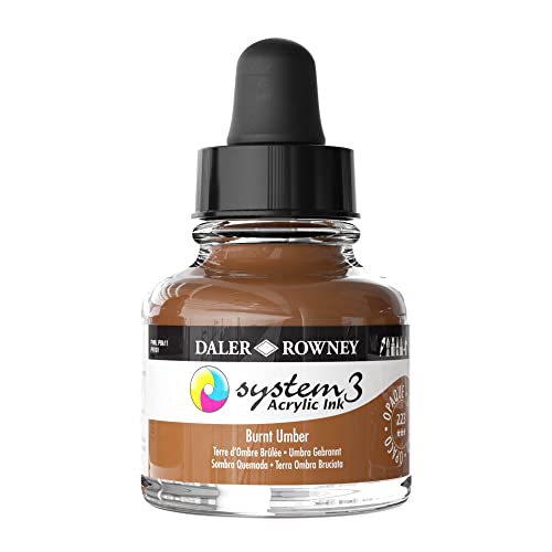 Daler-Rowney System3 Acrylic Ink Bottle Burnt Umber 29.5ml - Versatile Acrylic Ink for Artists and Students - Opaque Calligraphy Ink for Drawing Illustrating Airbrushing Dip Pen Ink and More