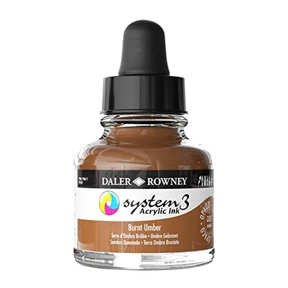 Daler-Rowney System3 Acrylic Ink Bottle Burnt Umber 29.5ml - Versatile Acrylic Ink for Artists and Students - Opaque Calligraphy Ink for Drawing Illustrating Airbrushing Dip Pen Ink and More