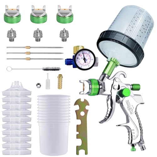 HVLP Paint Gun with 1.4/1.7/2.0mm Nozzles,Air Spray Paint Gun w/10pcs 20 Ounce Mixing Cup and Lids & Air Pressure Gauge for Car Painting,Furniture Surface Spraying (Green) - color: Green
