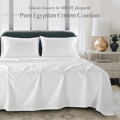 Threadmill Egyptian Cotton Queen Sheet Set | 100% Certified Egyptian Cotton Sheets for Queen Size Bed | Queen Bed Sheets Set Snug Fit Deep Pocket | Soft Cooling Damask Jacquard Bedding Set | White - color: Bright White Cadence, size: Queen