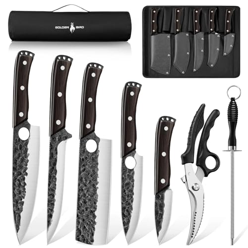 Golden Bird Japanese Chef Knife Set with Roll Bag, Hand Forged Butcher Knife Set for Meat Cutting, Outdoor BBQ Knives for Men, Christmas Gifts for Men Women - size: 8.07inches