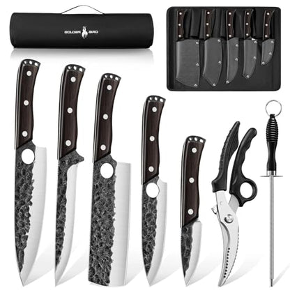 Golden Bird Japanese Chef Knife Set with Roll Bag, Hand Forged Butcher Knife Set for Meat Cutting, Outdoor BBQ Knives for Men, Christmas Gifts for Men Women - size: 8.07inches