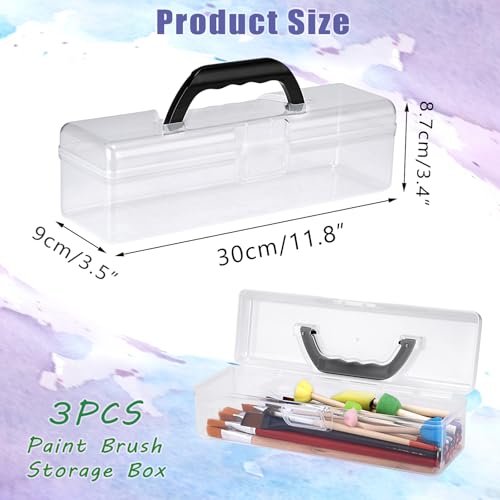 BTSKY 3 Pack Clear Plastic Painting Brush Container with Black Handle, Portable Long Paintbrush Case, Drawing Tools Storage Box, Practical Art Supply Organizer for Artist Crafters, 11.8"x3.5"x3.4"