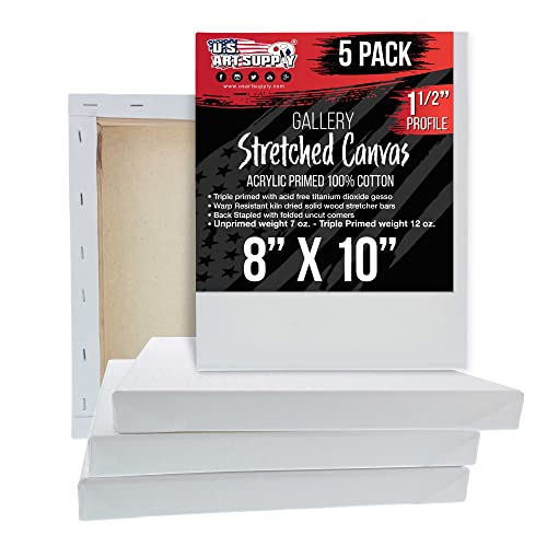 U.S. Art Supply Medium Stretched Canvas for Painting 8x10 inch Gallery Depth 1-1/2" Thick, 5-Pack - 12oz Acrylic Gesso Triple Primed, Professional Artist Quality, 100% Cotton - Oil, Pouring Paint - size: 8" x 10"