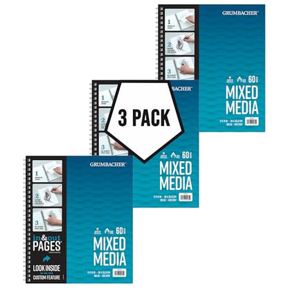 Grumbacher 11" x 14" Mixed Media Paper Pad with in & Out Pages, 160 GSM, Side Wire Bound, 60 White Sheets/Pad, 3-Pack - size: 11" x 14"