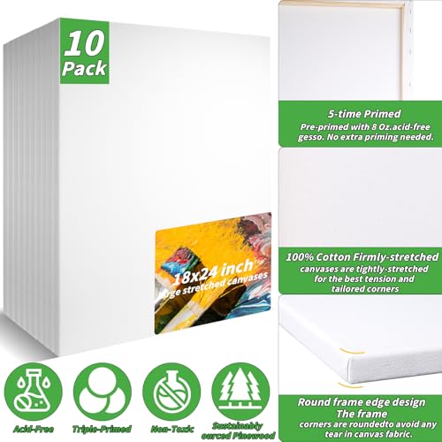10 Pack Stretched Blank Canvases for Painting 18x24 100% Cotton Large Canvas Boards for Painting Bulk, White Painting Canvas for Oil, Acrylic Paint & Other Painting Media - style: 18x24In-10 Pack