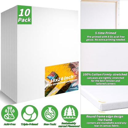 10 Pack Stretched Blank Canvases for Painting 18x24 100% Cotton Large Canvas Boards for Painting Bulk, White Painting Canvas for Oil, Acrylic Paint & Other Painting Media - style: 18x24In-10 Pack