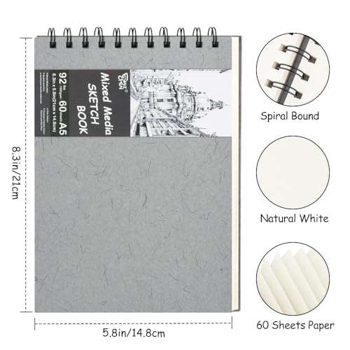 8.3x5.8 Sketch Book, Top Spiral Bound Sketch Pad, 60sheets 92lb/150gsm Nature White Paper, Acid-Free Mixed Media Paper for Painting, Dawing & Art Supplies. N-Grey - color: TopSpiral-NatureWhite-Grey