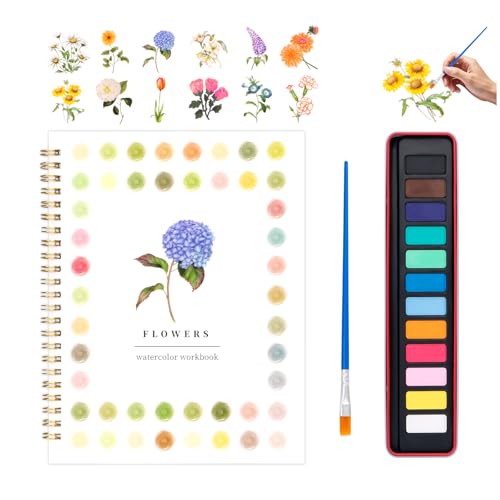 Watercolor Workbook for Adults, Beginner Friendly Watercolor Painting Kit Flowers Water Coloring Book, Nature-Themed Practice Art Gift Water Color Paint Book with Palette and Brush - color: Flowers