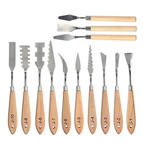 FOCCTS 13 Pcs Palette Knife Set, Stainless Steel Spatula Knives, Wooden Handle Painting Pallet Knife Set for Oil, Acrylic Mixing, 13 Distinctive Blade Shapes