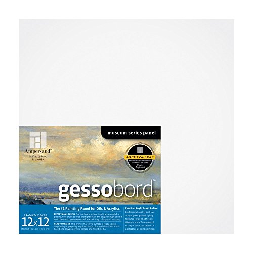 Ampersand Art Supply Gesso Wood Painting Panel: Museum Series Gessobord, 12" x 12", 2" Cradled Profile - size: 12" x 12", style: 2 Inch Cradle