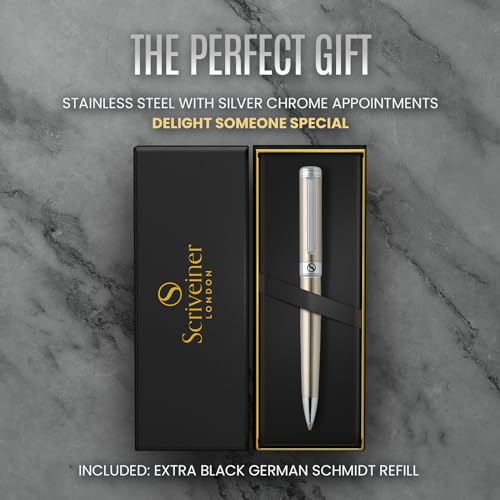 Scriveiner Stainless Steel Ballpoint Pen - Stunning Luxury Pen with Stainless Steel Finish, Schmidt Black Refill, Best Ball Pen Gift Set for Men & Women, Professional, Executive, Office, Nice Pens - color: 8. Stainless Steel with Chrome