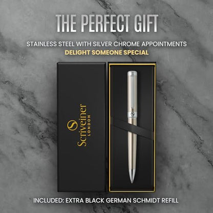 Scriveiner Stainless Steel Ballpoint Pen - Stunning Luxury Pen with Stainless Steel Finish, Schmidt Black Refill, Best Ball Pen Gift Set for Men & Women, Professional, Executive, Office, Nice Pens - color: 8. Stainless Steel with Chrome