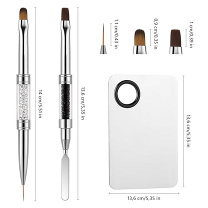 Double Ended Nail Builder Gel Brush and Palette Set,French Tip Brushes Hard Gel,Flat/Oval Nail Brushes,Liner Brush & Spatula,Nail Design Tools for Salon & DIY Use（3PCS）