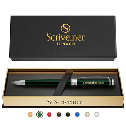 Scriveiner Personalized British Racing Green Ballpoint Pen - Stunning Green Lacquer Luxury Pen with Chrome Finish, Schmidt Ink Refill, Engraved Ball Point Gift Set for Men & Women, Custom Engraving - color: 9. British Racing Green with Chrome (Personalize