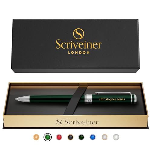 Scriveiner Personalized British Racing Green Ballpoint Pen - Stunning Green Lacquer Luxury Pen with Chrome Finish, Schmidt Ink Refill, Engraved Ball Point Gift Set for Men & Women, Custom Engraving - color: 9. British Racing Green with Chrome (Personalize