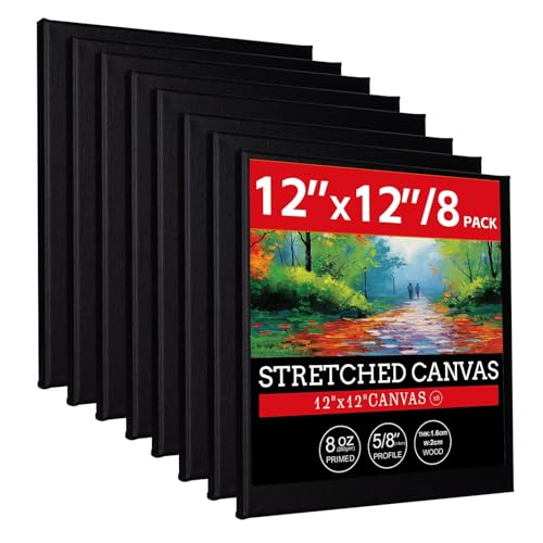12x12 Stretched Canvases for Painting 100% Cotton Black Painting Canvas, Art Canvases for Oil, Acrylic Paint & Other Painting Media 8 Pack - size: 12x12 (8Pack)