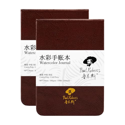 Paul Rubens Watercolor Journal, 2 Pack 40 Sheets 100% Cotton Acid-Free Cold Press Watercolor Sketchbook 3.54 * 5.04 Inches, 140lb/300gsm for Watercolors, Gouache, Acrylics - size: 2 Pack*3.54*5.04 Inches