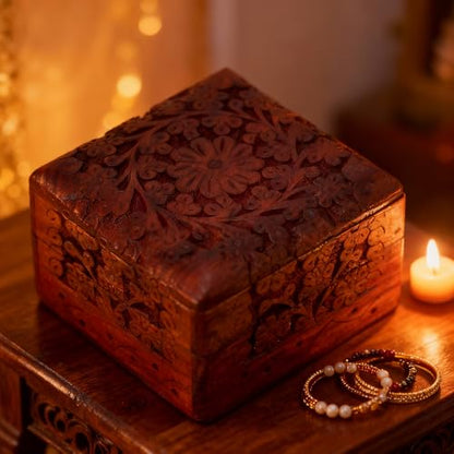 GURU JEE Wooden Hand Carved Keepsake Box Jewellery Armoire Chest Organiser Perfect Unique Gifts Ideas For Women - color: FLWD_4X4