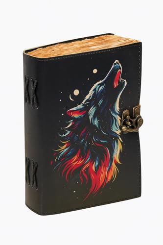 Oficart Handmade Leather Journal – Vintage Diary with Antique Lock & Eco-Friendly Cotton Paper | Celestial Notebook for Writing, Sketching, Travel, Art, Poetry, Spiritual & Gift Use (Cosmic Wolf) - color: Cosmic Wolf