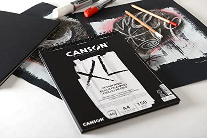 CANSON XL Black Drawing 150gsm A4 Paper, Double Sided: Grained & Smooth, Spiral Pad Short Side, 40 Black Sheets, For Professional Artists & Illustrators - size: A4