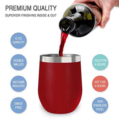 CHILLOUT LIFE 12 oz Stainless Steel Wine Tumbler with Lid - Double Wall Vacuum Insulated Wine Cup Glass Keeping Cold & Hot for Coffee, Champagne, Cocktails, Ice Cream - Powder Coated Red - color: Cherry Red, style: 1 Pack