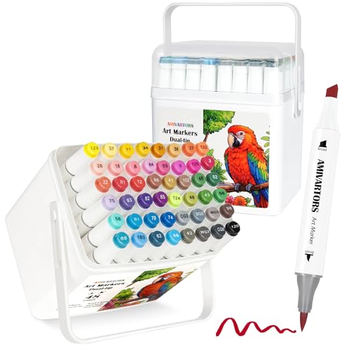 Alcohol Markers Brush Tip, 48 Colors Dual-Tip Artist Markers, Brush & Chisel, 3.5g Large-Capacity Ink, with Kickstand Case, For Adult Coloring, Sketching, Design, Comics and Gifts