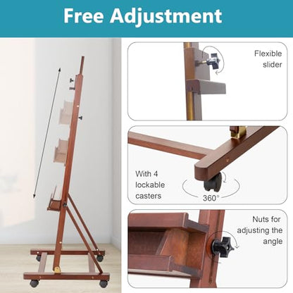 H-Frame Studio Easel with Wheels, Beechwood Artist Easel Storage Tray, Adjustable Floor Easel Stand Holding Canvas up to 51Inches for Painting, Brown - style: Basic Walnut