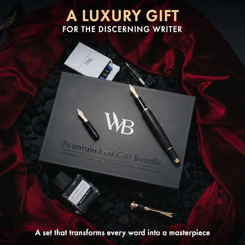 Wordsworth & Black Fountain Pen Set, Luxury Bamboo Wood - Medium Nib, Extra Fine Nib, Gift Case; 25ML Black Ink Bottle, 6 Ink Cartridges, Refill Converter - Calligraphy, Writing [Black Wood] - color: Black Wood