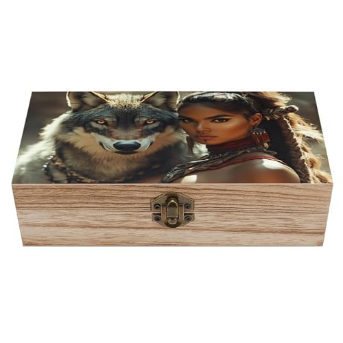 Tribal Warrior And Wolf Wooden Storage Box 7.9×3.9×2.3 Inch with Hinged Lid - Vintage Natural Wood Keepsake Trinket Storage Organizer Gift Box for Crafts Art Hobbies And Home Decoration Gift - color: Tribal Warrior and Wolf