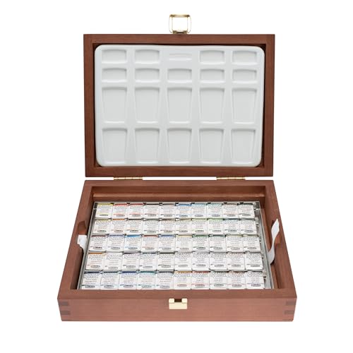 Schmincke Horadam Aquarell Watercolor Pans - Set of 50, Wood Case, Super Granulation Colors, Half Pans