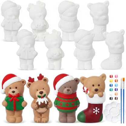 Soulchen 17 Pcs Paint Your Own Christmas Bear Ceramic Paint Craft Set Include 12 Unpainted Ceramic Bears 2 Strips of Paints with 2 Brushes 1 Palette Toys Gift for Birthday Christmas - style: Christmas Bear