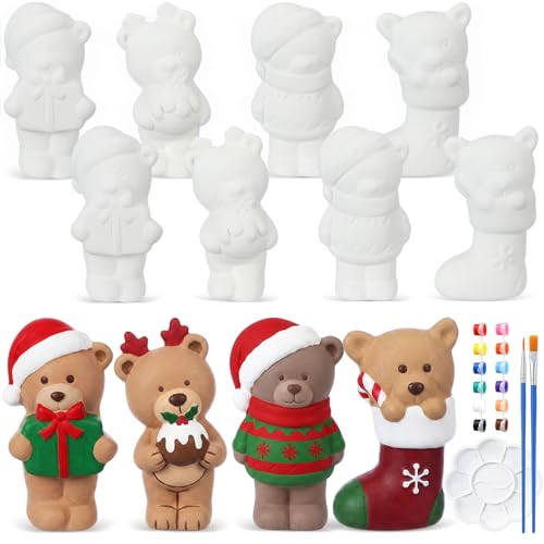 Soulchen 17 Pcs Paint Your Own Christmas Bear Ceramic Paint Craft Set Include 12 Unpainted Ceramic Bears 2 Strips of Paints with 2 Brushes 1 Palette Toys Gift for Birthday Christmas - style: Christmas Bear
