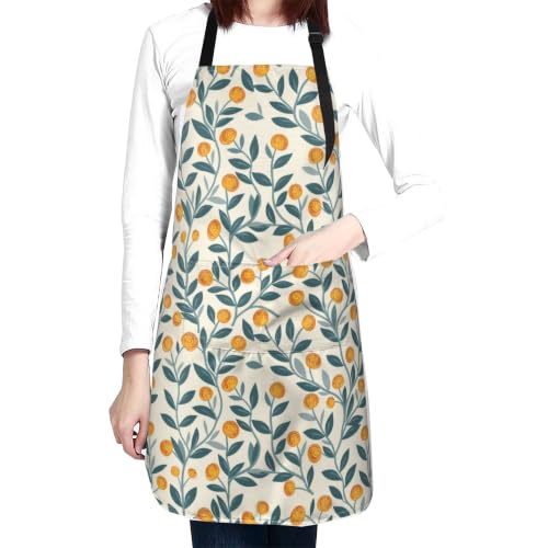 Fresh Meadow Floral Waterproof Apron with Pockets | Housework Aprons for Men Women Adjustable Bib Apron for Cooking Kitchen Baking BBQ Painting Garden Oil Resistant - color: Luminous Botanical Twigs