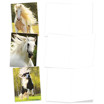 The Best Card Company - 10 Mixed Set Horse Note Cards Blank (4 x 5.12 Inch) - Wildlife, Animal Assorted Boxed Bulk Pack - Horses | Magnificent Manes M4601OCB-B1x10 - style: Magnificent Manes