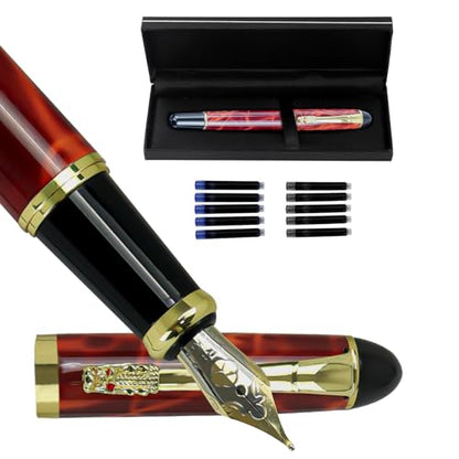 YUNCHUN Red Dragon Fountain Pen for Writing, Refillable Luxury Metal Pens, Fancy Ink Pen with 10 Black and 10 Blue Ink Refills, Gift Sets for Men and Women, Business Writing Pen with Marble Grain - color: Red Marble Grain