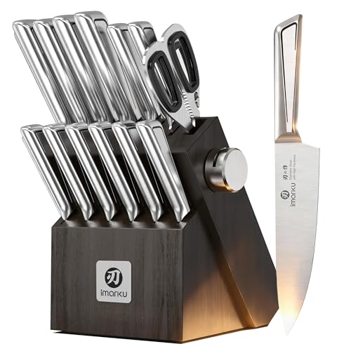 imarku Japanese High Carbon Stainless Steel Knife Set with Block, Precision-Forged Gyutou Kitchen Knives with Built-in Sharpener, Ultra-Sharp 10–15° Edge, Ergonomic Non-Slip Handle, Dishwasher Safe - color: Silver Gray