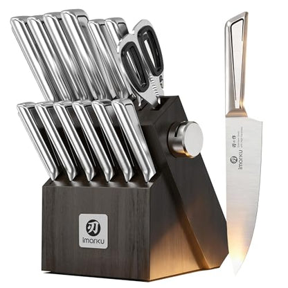 imarku Japanese High Carbon Stainless Steel Knife Set with Block, Precision-Forged Gyutou Kitchen Knives with Built-in Sharpener, Ultra-Sharp 10–15° Edge, Ergonomic Non-Slip Handle, Dishwasher Safe - color: Silver Gray