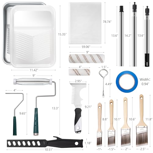 Mister Rui 28 Pack Paint Roller Kit with Extension Pole, 4" & 9" Paint Roller with Tray, Professional Paint Brushes Set, Painting Supplies for Home Interior, Walls, Ceilings