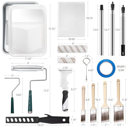 Mister Rui 28 Pack Paint Roller Kit with Extension Pole, 4" & 9" Paint Roller with Tray, Professional Paint Brushes Set, Painting Supplies for Home Interior, Walls, Ceilings