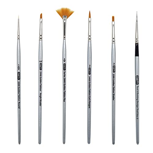 ZEM Brush Golden Taklon Mini Detail Brush Set Fan 2/0, Flat 2, Cats Tongue 2, Angle 1/8", Detail 10/0, Dot Tools #3