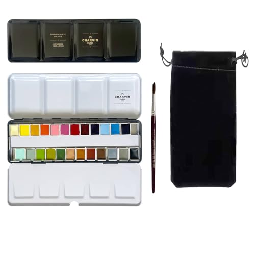 Charvin Extra-Fine Professional Watercolor Paint Set - Watercolor Half Pan Set of 24, Made in France, Smooth Shellac-Like Finish, Transparent Pigments, Ideal for Layering & Mixed Media - size: 24 Count (Pack of 1)