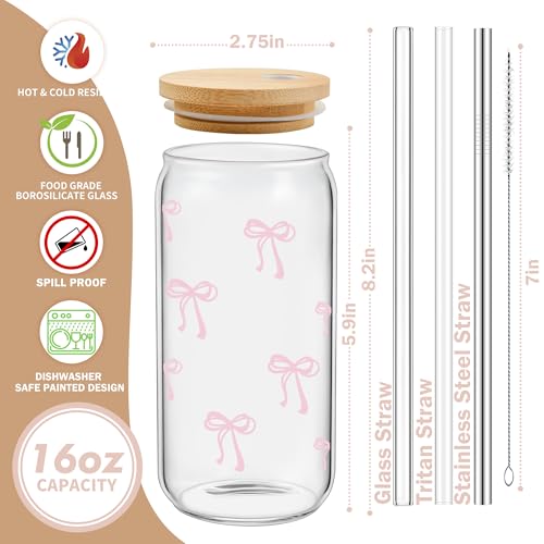 Coquette Cute Pink Bow Glass Cups with Lids and Straws, Aesthetic Iced Coffee Matcha Cup, Girly Preppy Design Tumbler Mug, Valentines Christmas Birthday Gifts for Women, Teen Girl Gifts Trendy Stuff - color: 01-Bow-Pink