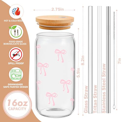 Coquette Cute Pink Bow Glass Cups with Lids and Straws, Aesthetic Iced Coffee Matcha Cup, Girly Preppy Design Tumbler Mug, Valentines Christmas Birthday Gifts for Women, Teen Girl Gifts Trendy Stuff - color: 01-Bow-Pink