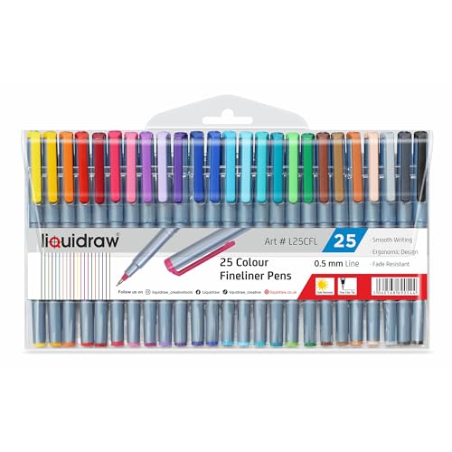 Liquidraw Multicolor Fineliner Pens, Fine 0.5mm Tip, Set of 25 | Fade-Resistant Ink For Writing, Drawing, Sketching, Handwriting, Calligraphy and Illustration, With Storage Wallet - color: Multicolor