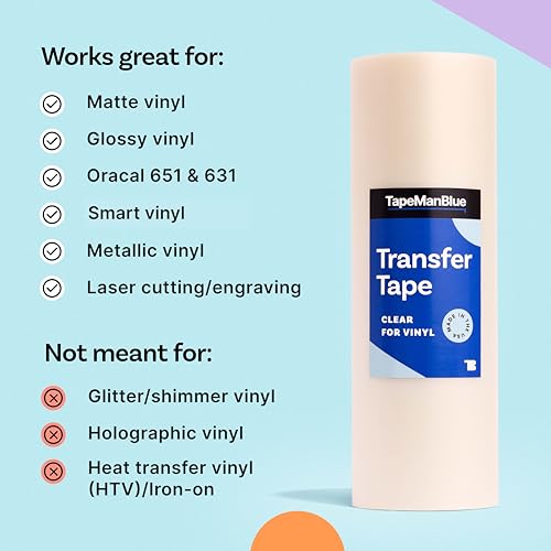 TapeManBlue Clear Transfer Tape for Vinyl - 12" x 100' Roll, Made in USA, Premium Vinyl Transfer Tape with Medium to High Tack Adhesive for Crafts, Decals & Letters