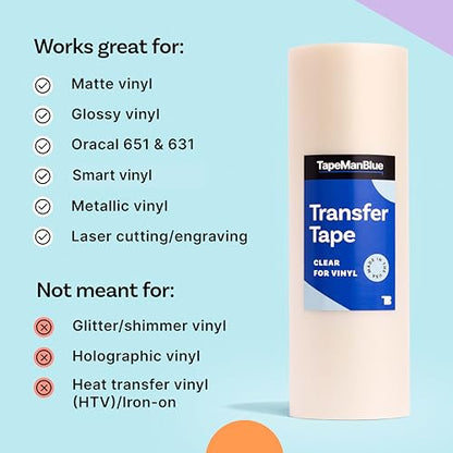 TapeManBlue Clear Transfer Tape for Vinyl - 12" x 100' Roll, Made in USA, Premium Vinyl Transfer Tape with Medium to High Tack Adhesive for Crafts, Decals & Letters