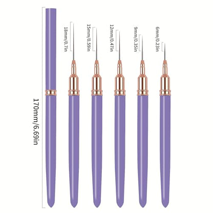 5PCS Liner Brushes for Nails, Nail Art Liner Brushes Set, 6/9/12/15/18mm Thin Detail Brush for Long Lines & Fine Drawing, UV Gel Polish Painting Nail Design Tools - Purple - color: Purple