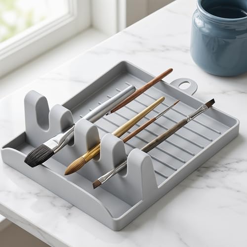 2 Pack Washable Brush Holders with 4 Slots - Artist Brush Organizer & Drying Rack for Watercolor, Acrylic, Oil Painting Brushes, Tabletop Studio Caddy （Gray） - color: Gray